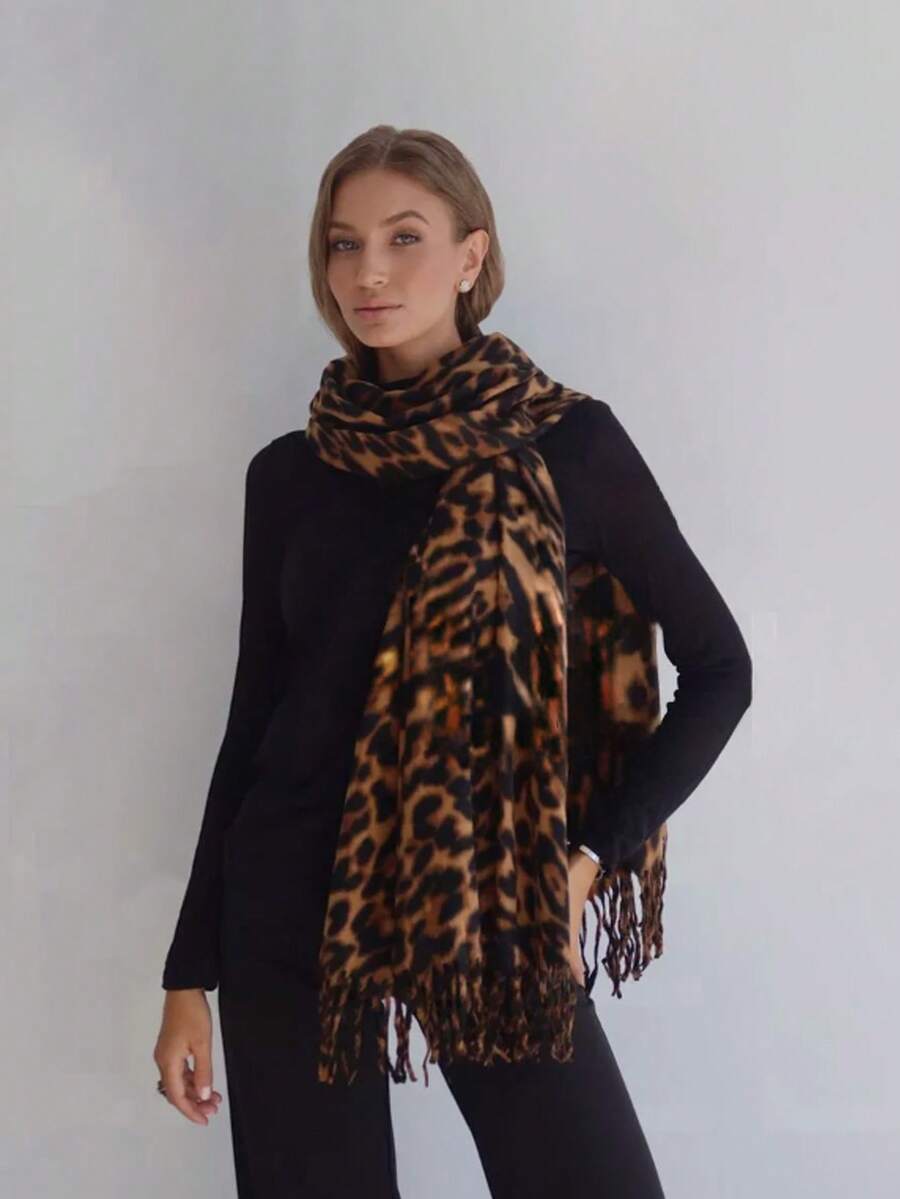 1 chiếc khăn choàng ấm áp in họa tiết da báo giả cashmere phong cách Bohemian dành cho nữ, đa năng cho mùa thu/đông - 03-Cà phê đen - Xem 1