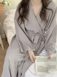 男女通用柔软浴袍，加厚长款，带抽绳和口袋，吸水宽松家居服，情侣家居服，秋冬返校季 - 淺灰色 - 查看 7