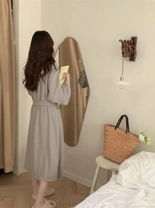 男女通用柔软浴袍，加厚长款，带抽绳和口袋，吸水宽松家居服，情侣家居服，秋冬返校季 - 淺灰色 - 查看 10
