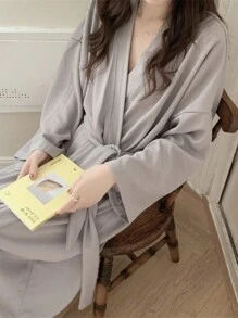 男女通用柔软浴袍，加厚长款，带抽绳和口袋，吸水宽松家居服，情侣家居服，秋冬返校季 - 淺灰色 - 查看 8
