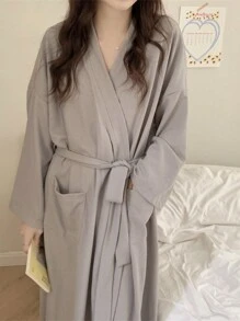 男女通用柔软浴袍，加厚长款，带抽绳和口袋，吸水宽松家居服，情侣家居服，秋冬返校季 - 淺灰色 - 查看 4