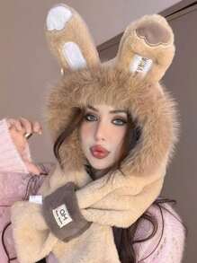 1 可爱二合一帽子围巾，狐狸耳朵围巾，兔耳羊毛帽，可爱耳朵羊毛帽和围巾组合，一体式耳罩防风帽和围巾，适合女性冬季秋季 - 彩色 - 查看 16