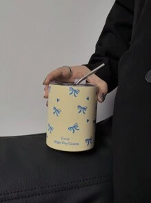 1pc 360ml/12.17oz Bow Knot Heart Shaped Thermal Insulation Mug, Keeps Drinks Hot & Cold, Stainless Steel Straw Cup, Vacuum Bottle Travel And Outdoor Sports, Flat Bottom Cup, Car Cup, Seasonal Beverage Holder, Holiday & Birthday Gift Back To School - Multicolor - View 8