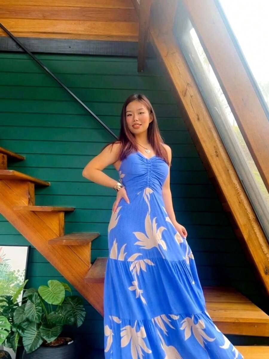 Women's Long Dress With Leaf Print, Thin Straps And Ruched Detail - 藍色 - 查看 1