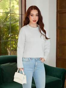 Áo len dài tay thêu chữ dễ thương thoải mái cho nữ, mùa thu/đông - trắng - Xem 5