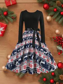 Christmas Vintage Christmas Tree Print Round Neck High Waist Patchwork Long Sleeve Flared Dress With Ribbon - Blue and White - View 1
