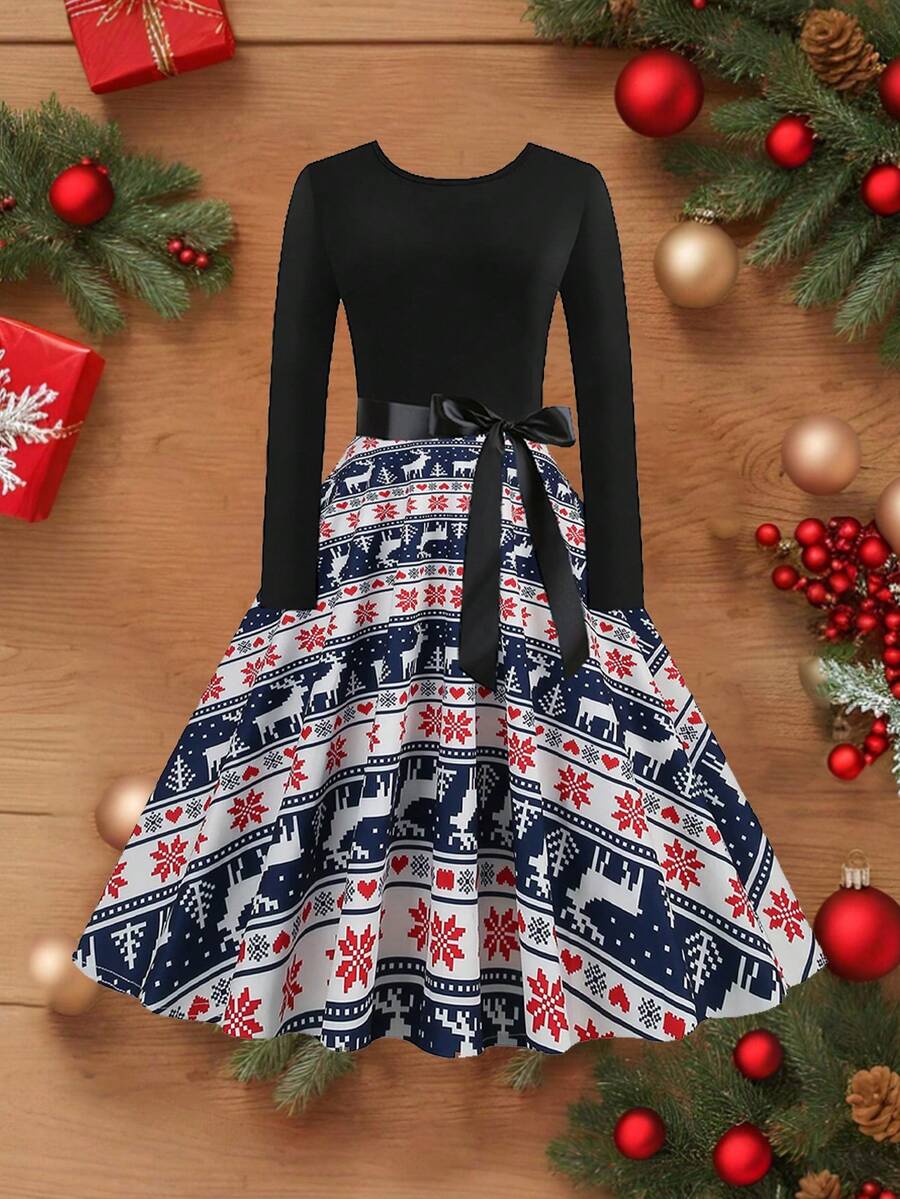 Christmas Vintage Christmas Tree Print Round Neck High Waist Patchwork Long Sleeve Flared Dress With Ribbon - Blue and White - View 1