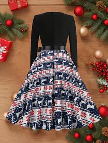 Christmas Vintage Christmas Tree Print Round Neck High Waist Patchwork Long Sleeve Flared Dress With Ribbon - Blue and White - View 2