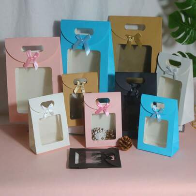 5pcs Transparent Self-Standing Flip Cover Gift Bags, New Solid Color Bowknot Handle Bags - Pink, White, Black, Blue, Brown, Candy Bags, Party Favors, Birthday Gift Bags, Holiday Gift Bags Back To School Valentine's Day