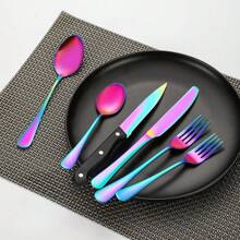 24 Piece Colorful/Black Flatware Set With 4 Steak Knives - Stainless Steel Flatware Set For Home, Parties And Restaurants - Silver Flatware Set, Dishwasher Safe, Mirror Polished Flatware Set With Dinner Knives X 4, Steak Knives X 4, Dinner Spoons X 4, Dinner Forks X 4, Dessert Spoons X 4, Dessert Forks X 4, Flatware Set For 4 People - 炫彩 - 查看 3