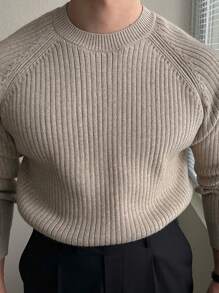 男士纯色插肩袖圆领毛衣，休闲秋冬 - 卡其色 - 查看 7