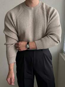 男士纯色插肩袖圆领毛衣，休闲秋冬 - 卡其色 - 查看 1