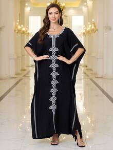 Vestidos casuales de mujer con cuello redondo bordados en negro, vestidos tipo kaftan marroquí - Negro - Ver 4