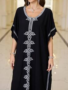 Vestidos casuales de mujer con cuello redondo bordados en negro, vestidos tipo kaftan marroquí - Negro - Ver 3
