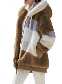 Women Thermal Coat, Variegated Color Zipper Open Front Oversize Overcoat In 8 Colors - Khaki - View 3