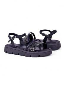 World Colors Aurora Girls' Sandals With Rhinestones - Black