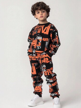 OIPOIG 2 件装年轻男孩字母印花休闲可爱酷炫圆领长袖套装，适合外出聚会，休闲街头风格，秋冬季男孩长袖运动衫和裤子套装