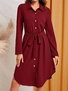 Ladies' Autumn Temperament Fashionable Red Dress Long Sleeved Shirt Skirt - 酒紅色 - 查看 2