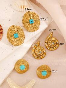 1 Cặp Hoa tai đinh tán xoắn bằng thép không gỉ thiết kế kim loại Châu Âu & Mỹ màu xanh ngọc lam mới thời trang, phù hợp cho trang phục hàng ngày, tiệc tùng, đám cưới hoặc làm quà tặng của phụ nữ - Vàng - Xem 3