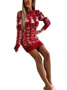 Women Christmas Jacquard Knitted Dress, Loose Fit Long Sleeve O-Neck Dress For Autumn Winter - Red - View 5