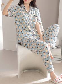 2024 New V-Neck Strawberry Print Blue Short Sleeve T-Shirt And Pants 2pcs Loungewear Set For Women