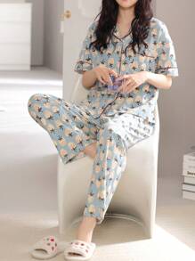 2024 New V-Neck Strawberry Print Blue Short Sleeve T-Shirt And Pants 2pcs Loungewear Set For Women
