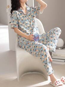 2024 New V-Neck Strawberry Print Blue Short Sleeve T-Shirt And Pants 2pcs Loungewear Set For Women