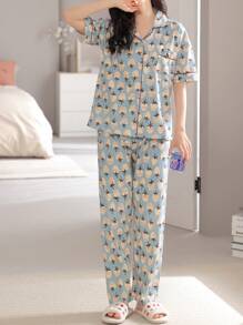 2024 New V-Neck Strawberry Print Blue Short Sleeve T-Shirt And Pants 2pcs Loungewear Set For Women