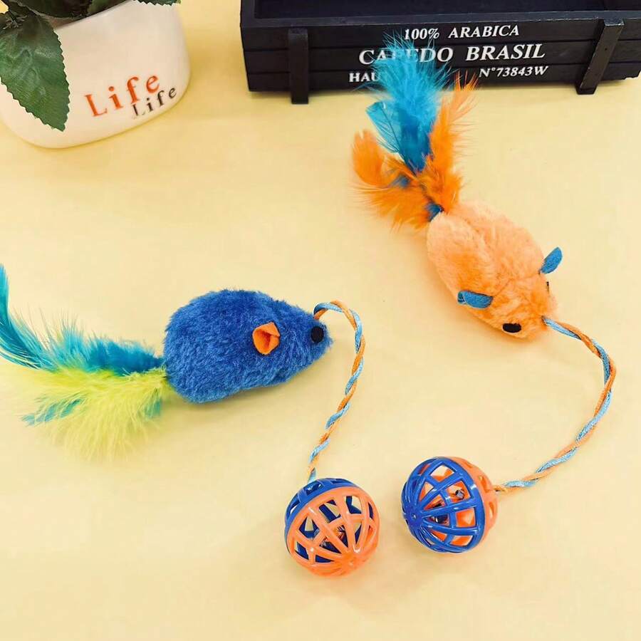 Jouets à mâcher interactifs pour chats avec souris en peluche et cloche en plastique avec son