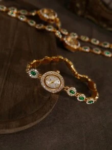 1 pieza Nuevo reloj de pulsera de moda vintage elegante para mujer con incrustación de piedras preciosas color verde esmeralda, esfera ovalada, resistente al agua 30M, estilo casual adecuado para uso diario, fiestas, vacaciones, regalo