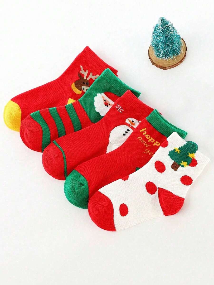 5 Pairs Kids Christmas Socks With Cartoon Santa Claus, Polka Dot & Christmas Tree Patterns, Suitable For Christmas, Party - Multicolor - View 1