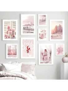 1PC Pink Christmas Winter Snow Santa Chalet Wall Art Canvas Painting Nordic Posters And Prints Wall Pictures For Bedroom Home Decor No Frame Christmas Decorations Room Decor - Multicolor - View 2