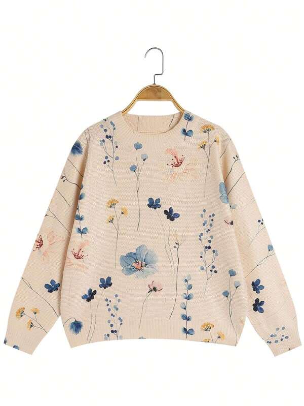 Padrão de estampa floral casual malha pulôver suéter de manga comprida para mulheres