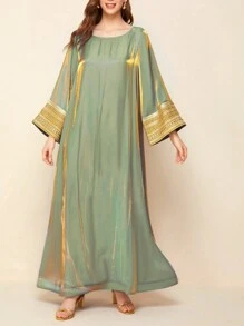 Women's Metallic Weaved Tape Splice Loose Dress, Modest Kaftan - Green - View 1