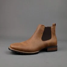 Herren Retro bestickte Outdoor Chelsea Knöchel Stiefel, dicke Sohle quadratische Zehenkappe Klotz Absatz Western Stil Chelsea Stiefel, einfaches & modisches vielseitiges Slip-On Design