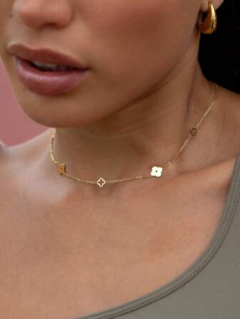 TONSI 1 Pc Japan And South Korea Style Simple Stainless Steel Four-Leaf Clover Plum Blossom Interlocking Pendant Necklace For Daily Wear Female