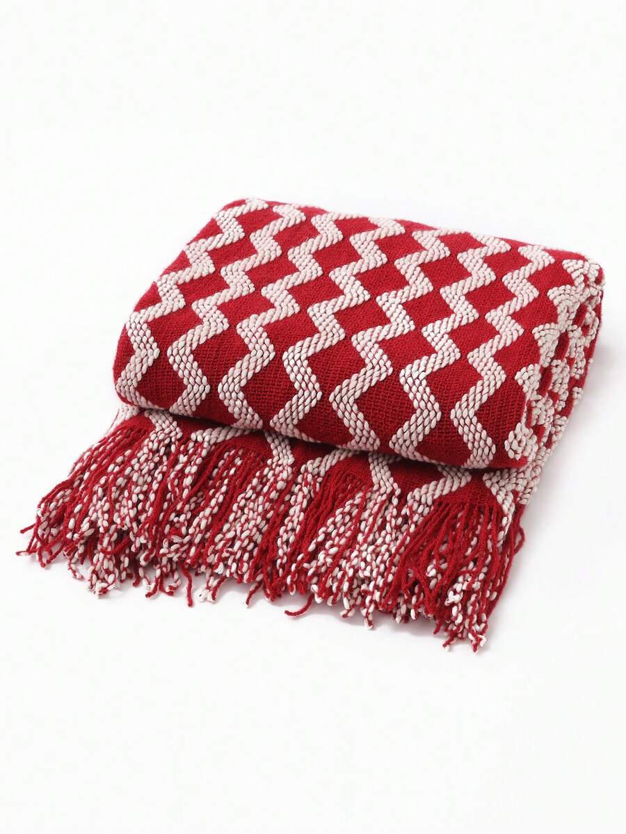 1pc DualColor Wavy Knitted Sofa Throw Blanket, Nordic Style Polyester