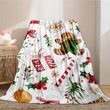1 件圣诞老人配姜饼、雪花、铃铛、花环和浆果数码印花毛毯 - 适合朋友、学生、同事、家人，适合所有季节，非常适合沙发、床、办公室和旅行 - 可机洗法兰绒 - 彩色 - 查看 3