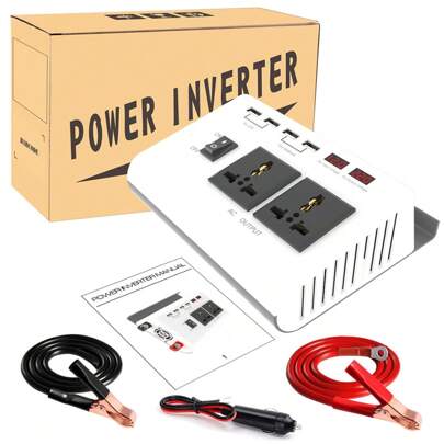 300W Car Power Inverter With Solar Panel And 4 USB Ports - Converts 12V To AC 110V/220V With LCD Dual Digital Smart Display And Dual Universal Sockets For Easy Charging On The Go