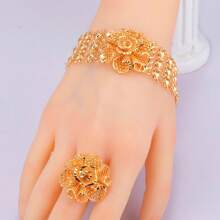 1 set/2 piezas Juego de joyería de brazalete y anillo con forma de rosa 3D chapado en oro de 18k elegante para mujer, estilo India Dubai, color dorado, adecuado como regalo de novia, dama de honor, bendición o San Valentín