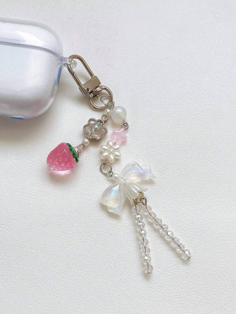 1 件男女通用可爱玻璃草莓夏季清新蝴蝶结钥匙扣适合情侣和最好的朋友手机吊饰圣诞礼物感恩节 Y2K - 粉色 - 查看 1