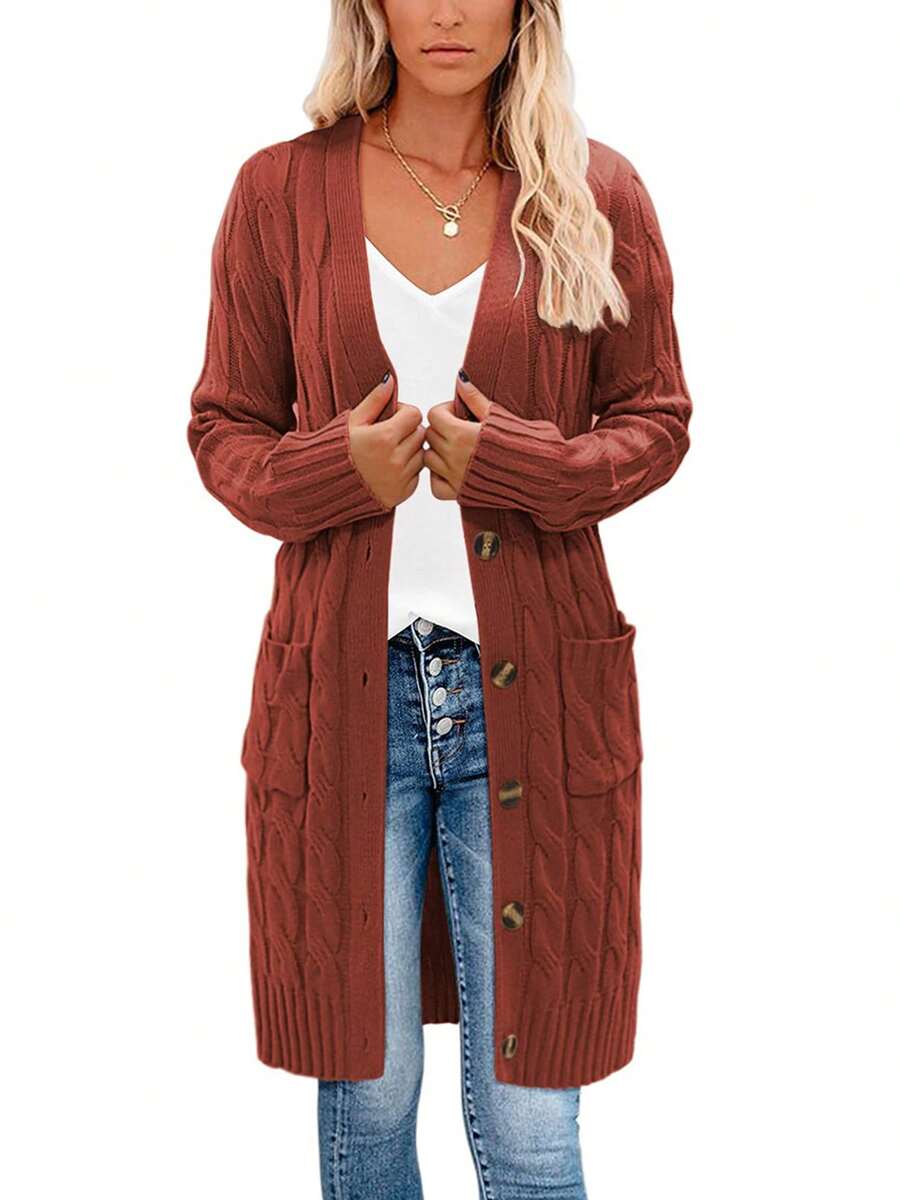 Female Cardigan, Solid Color Long Sleeve Sweater Knitted Coat With Pockets For Spring Fall, S/M/L - 酒紅色 - 查看 1