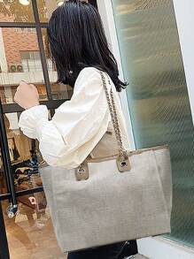 Women's Casual Large Capacity Tote Bag Fashion Chain Handbag Canvas Shoulder Bag Purse - 卡其色 - 查看 6