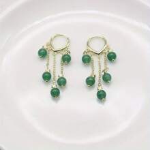 1 par de pendientes elegantes con borlas y gemas verdes, adecuados para uso diario y ocasiones especiales - Verde - Ver 3