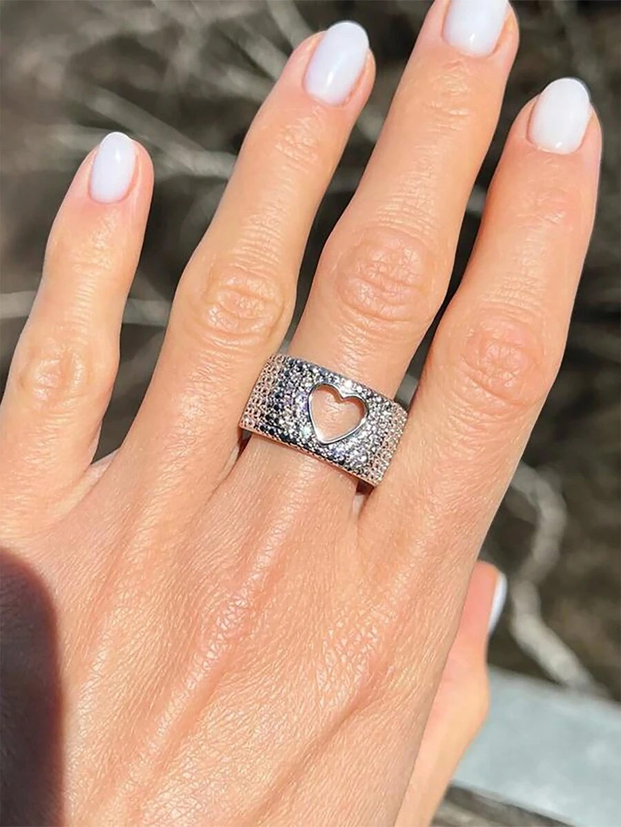 1pc Copper Material Hollow Out Heart Ring With Gold Plating, Elegant And Gorgeous Jewelry For Ladies, Ring Size Available From 6#-10# Valentines - Silver - View 1
