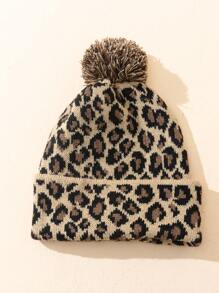 1pc Women's Jacquard Leopard Print Fuzzy Ball Soft Warm Stylish Casual Knit Beanie, Suitable For Daily Street Photography Matching Winter Fall