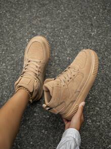 （尺码偏小）女式复古卡其色系带高帮滑板鞋，简约百搭户外徒步加大码运动鞋 - 卡其色 - 查看 2