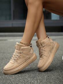 （尺码偏小）女式复古卡其色系带高帮滑板鞋，简约百搭户外徒步加大码运动鞋 - 卡其色 - 查看 8