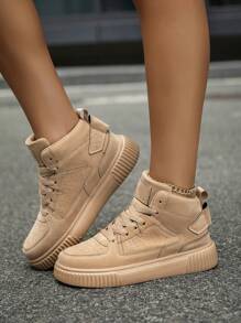 （尺码偏小）女式复古卡其色系带高帮滑板鞋，简约百搭户外徒步加大码运动鞋 - 卡其色 - 查看 4