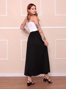 Elegant Linen Midi Skirt With Pleats Comfort And Sophisticated Style 2211 - màu đen - Xem 6